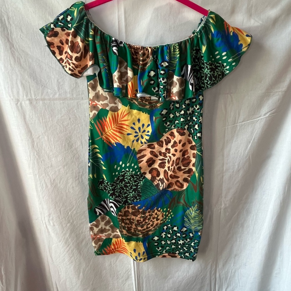 Colorful Tropical Girls Animal print ruffle off shoulder, soft stretch Dress 10Y